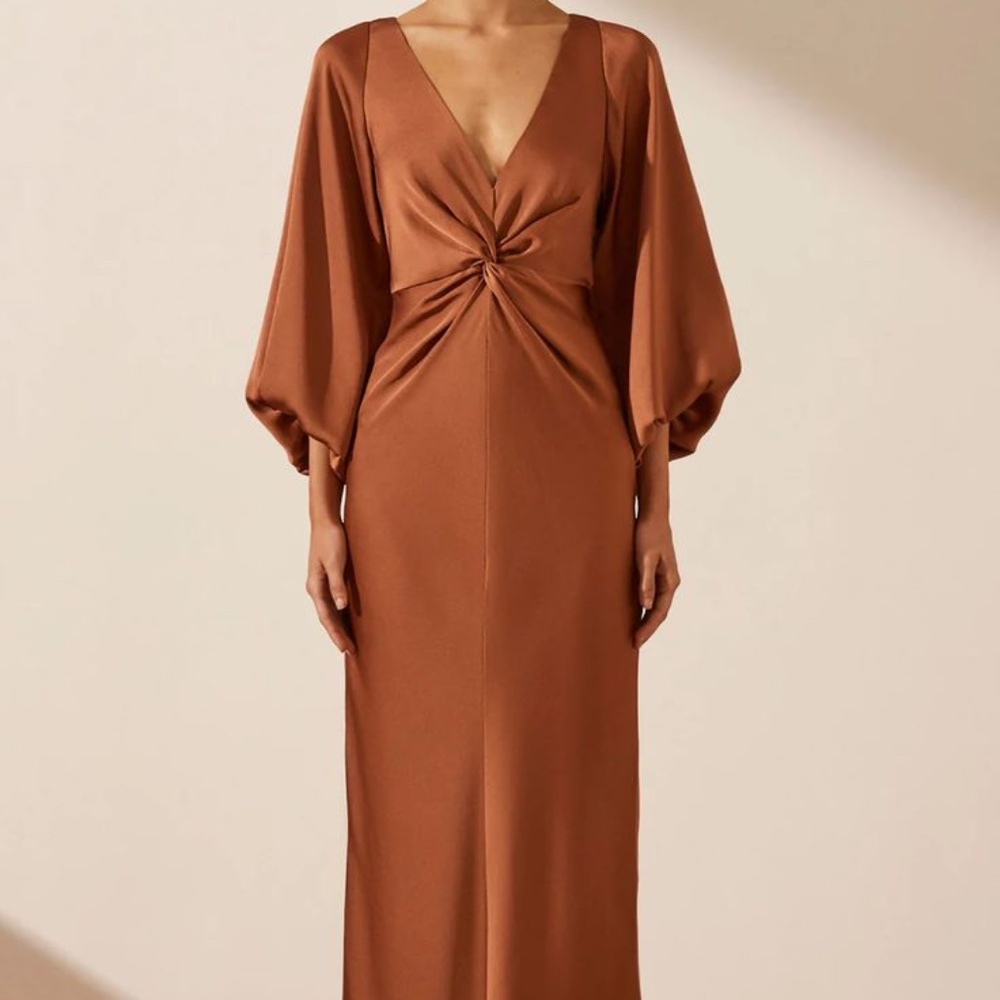 Shona Joy Luxe Balloon Sleeve Knot Front Midi Dress - Mocha Size US 2/AU 6
